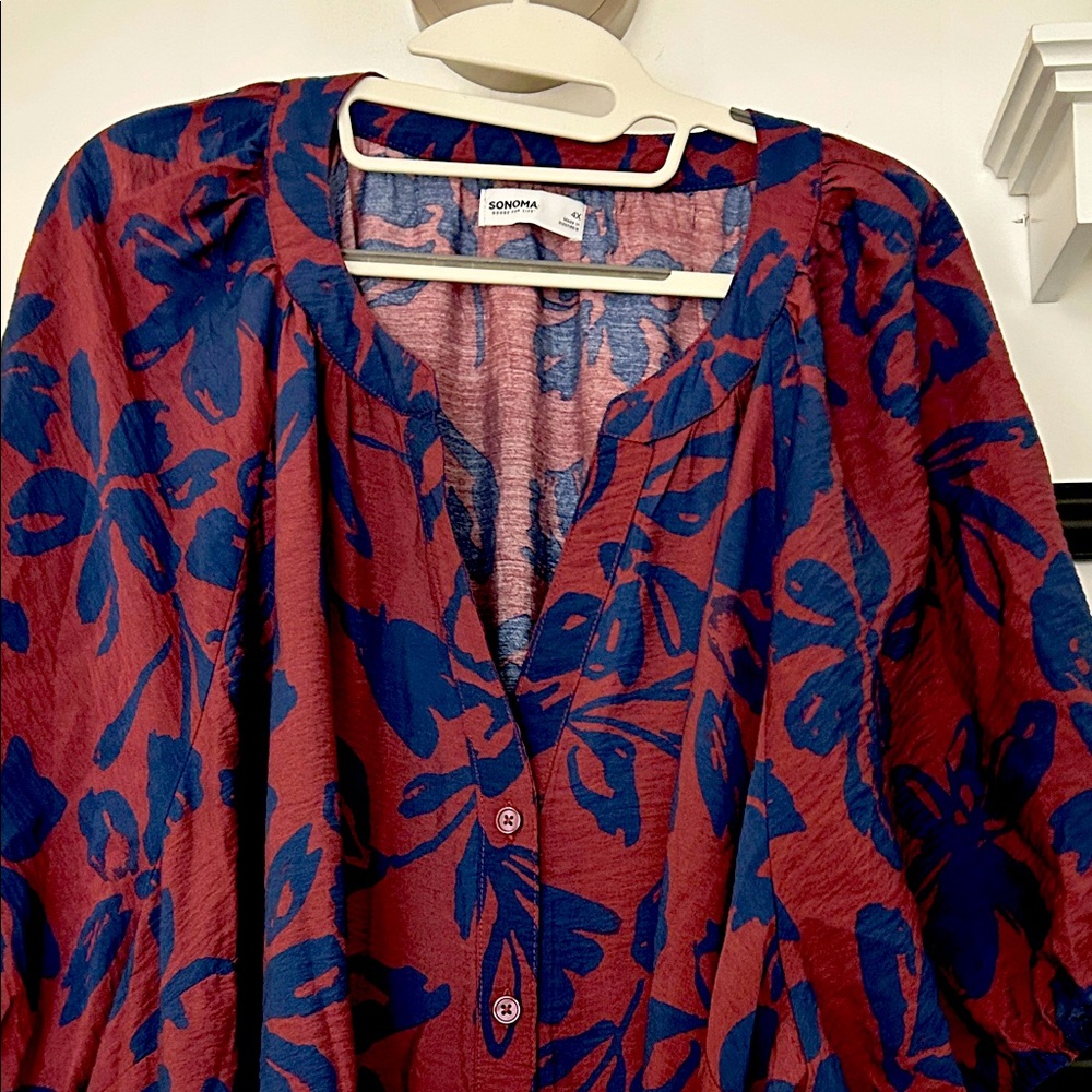 NWT Sonoma Burgundy and Navy Floral Maxi Dress, Long and Flowy w/Tiers Belted